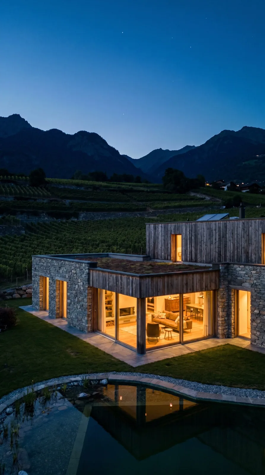 Villa contemporaine au coucher du soleil en Valais