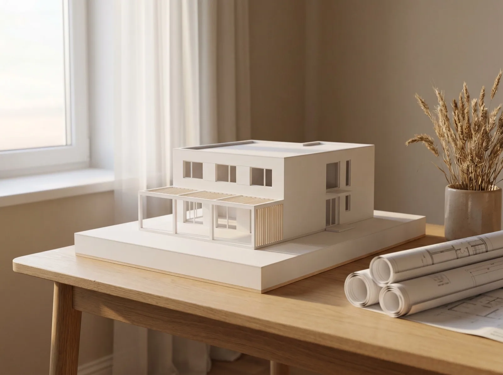 Maquette blanche d'un projet ARCHIZ posée sur les plans
